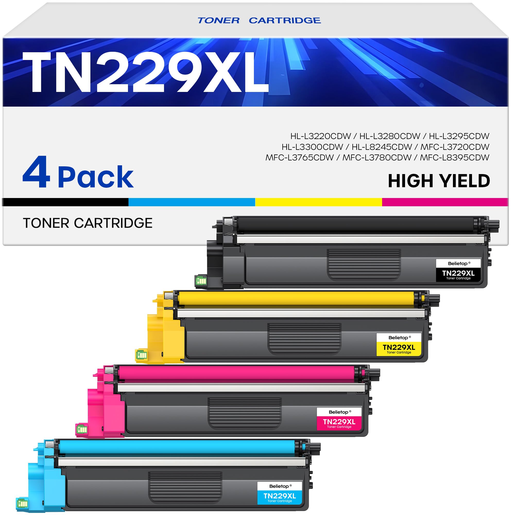 Photo 1 of Compatible TN229XL Toner Cartridges High Yield Replacement for Brother TN229XL TN 229XL for MFC-L3780CDW MFC-L3720CDW HL-L3280CDW HL-L3220CDW HL-L3300CDW HL-L3295CDW Printers (4 Pack, B/C/M/Y)