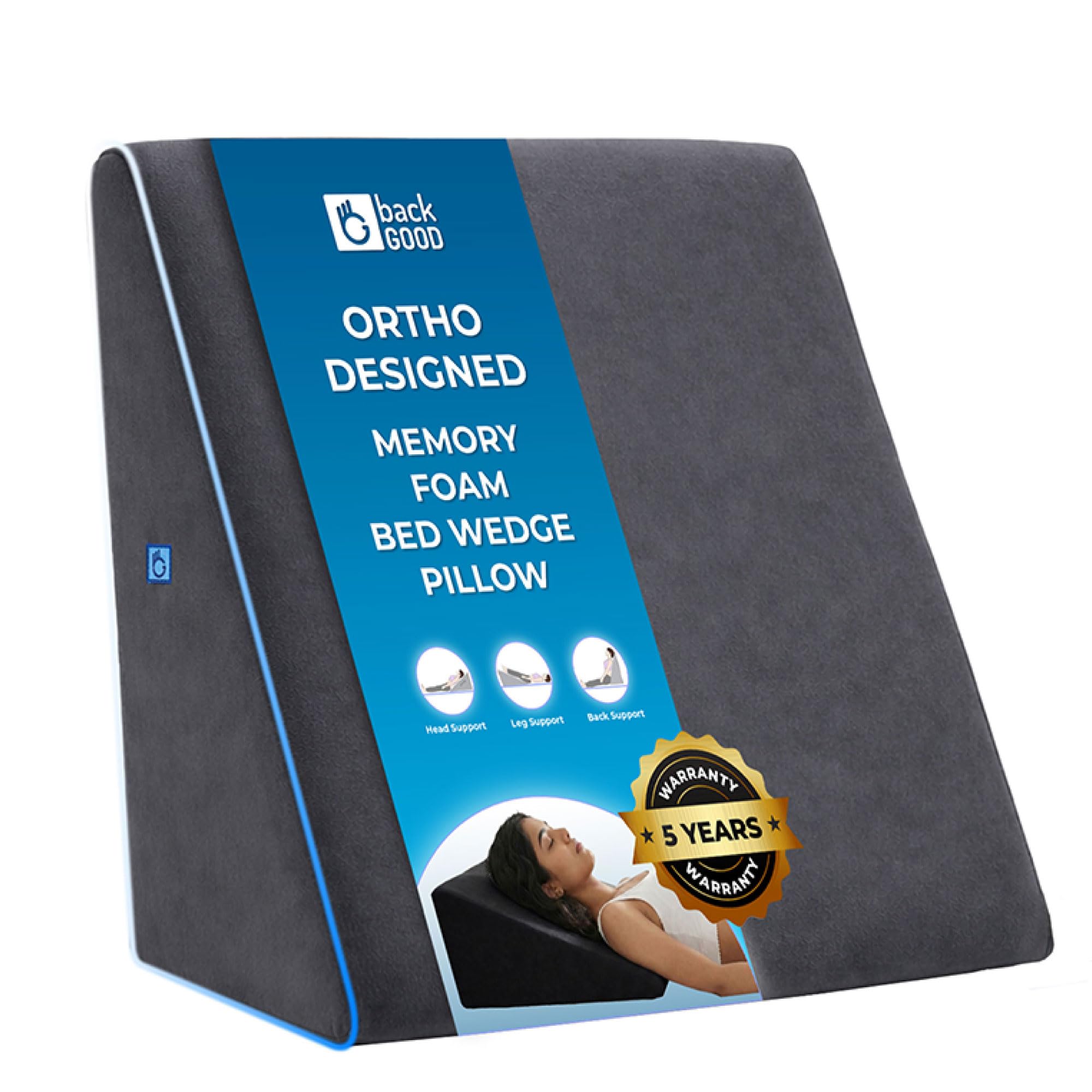 Pro-Comfort Bed Wedge Pillow | 5-Year Warranty | Premium Orthopedic Memory Foam Back Support Pillow | Back Rest for Bed | Acid Reflux, GERD, Snoring, Pregnancy, Post-Surgery Relief | Grey-image-49