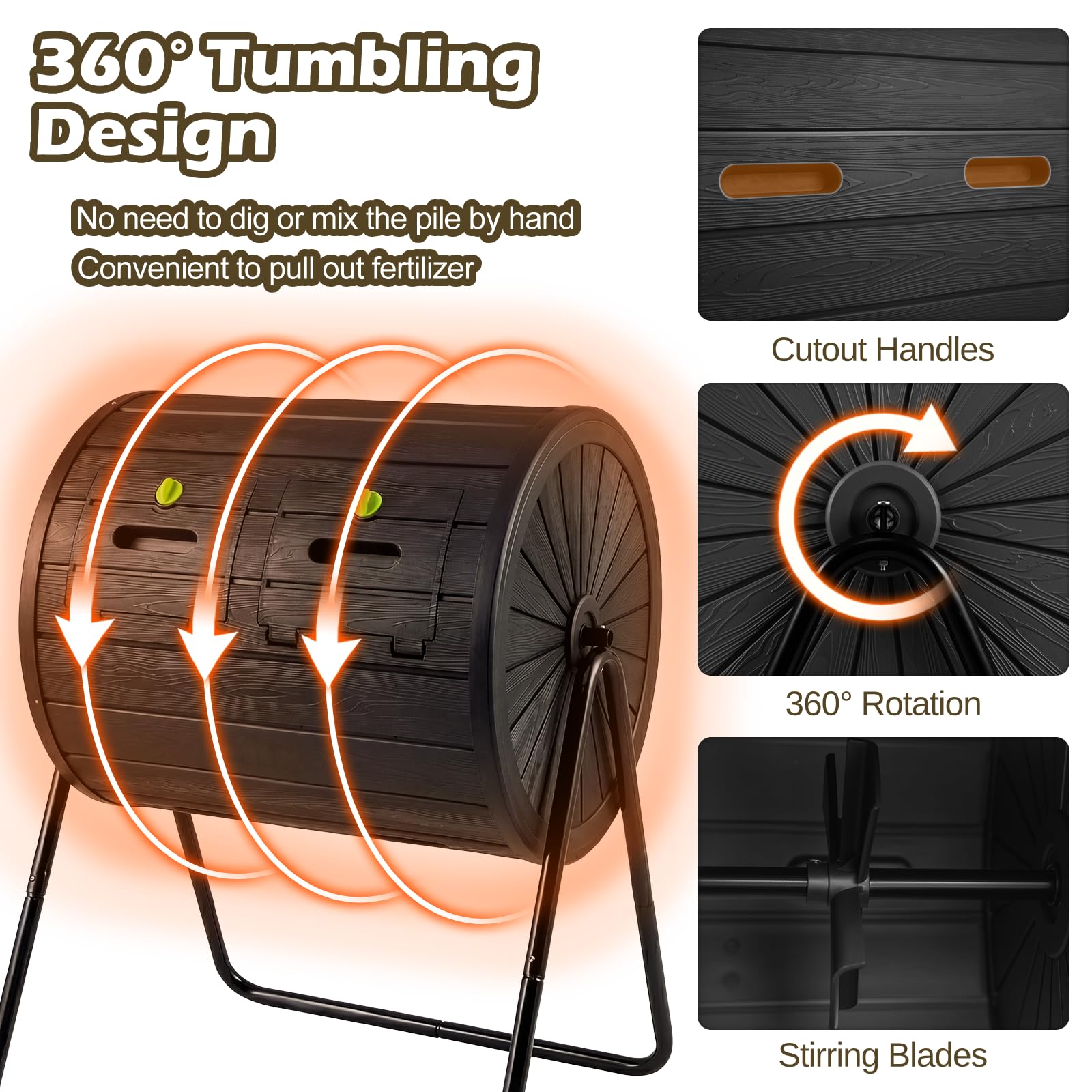 GiantexUK Dual Chamber Garden Compost Bin, 142L Tumbling Composter with 2 Doors & Metal Legs, BPA Free Outdoor Garden Rotating Composting Waste Box (Black) - 2