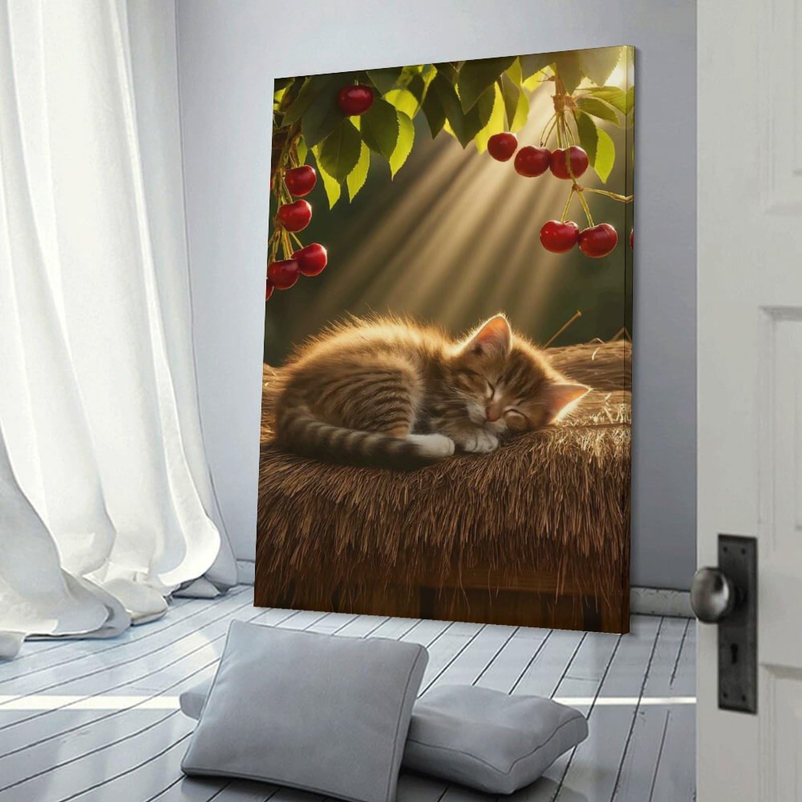 Junmoney Frame-Style-23 Canvas Art Print Sleeping Kitten Under Cherry Tree, 24X36inch(60X90cm), For Contemporary Homes, Apartments Or Offices, Decorative Canvas Decor For Home Updates