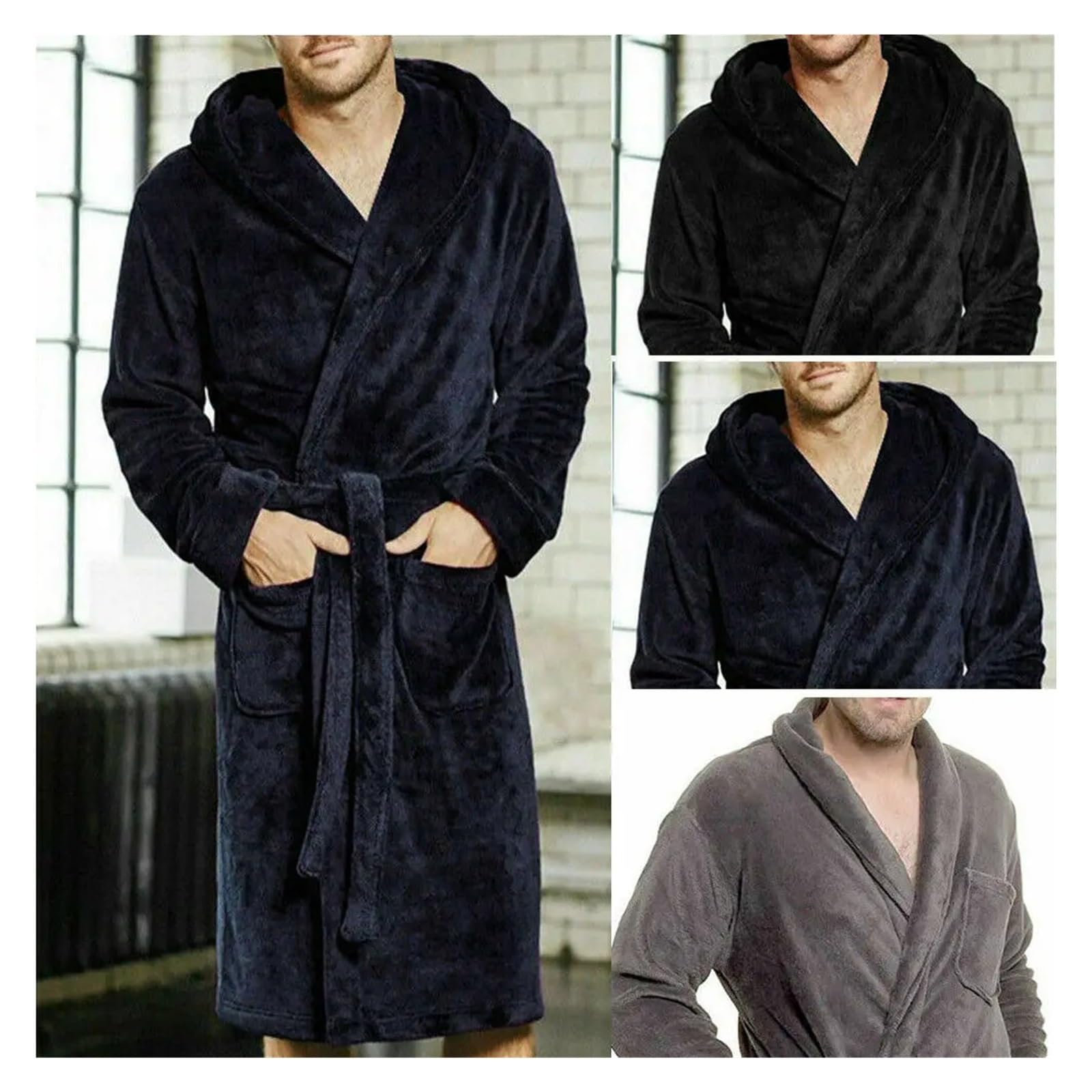 Albornoz Largo para Hombre Albornoz de Felpa for Hombre, con Fajas, Suave, Manga Larga, Dos Bolsillos Laterales, for Invierno, Liso, cálido, Tallas M-XXL