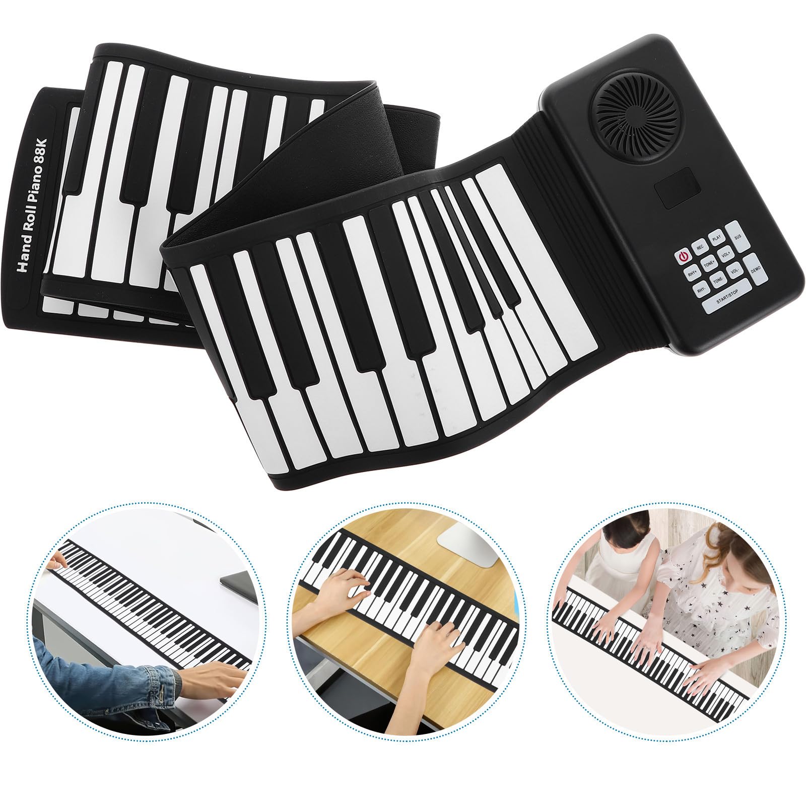 MERRYHAPY Pianoforte Nero 88 Tasti Arrotolabile Elettronico in Silicone Tastiera Portatile Alimentata a Batteria e USB per Viaggi e Pratica Musicale