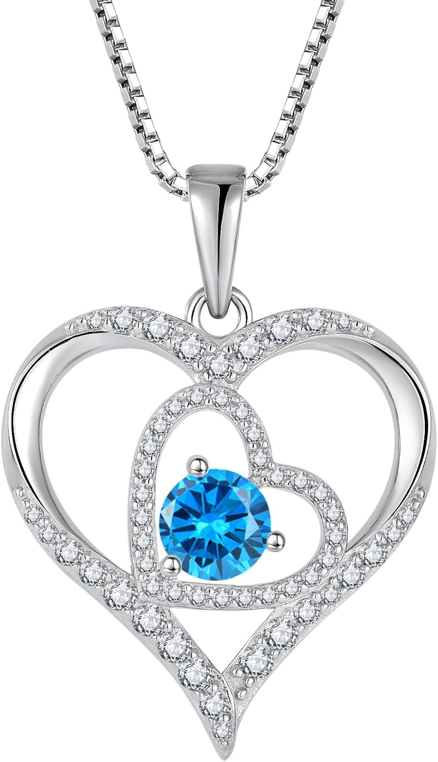 Love Heart Necklace for Women 925 Sterling Silver Birthstone Pendant Necklace Dainty Jewelry for Women Wife Mother Christmas Birthday Mother's Day Gift