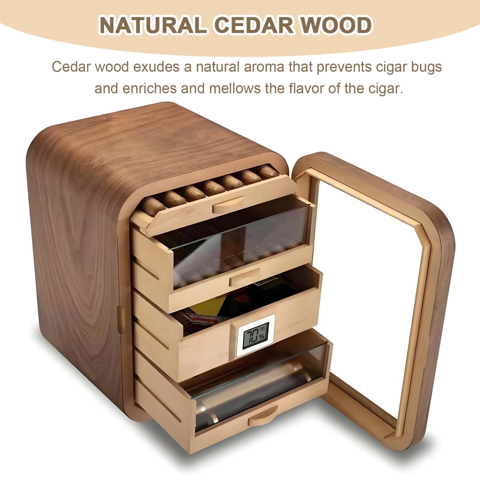 Elektrischer Zigarrenhumidor mit digitalem Hygrometer und Tür aus gehärtetem Glas, für 110 Zigarren, geräuschloser Zigarrenschrank mit Regal und Schublade aus Zedernholz für Männer C