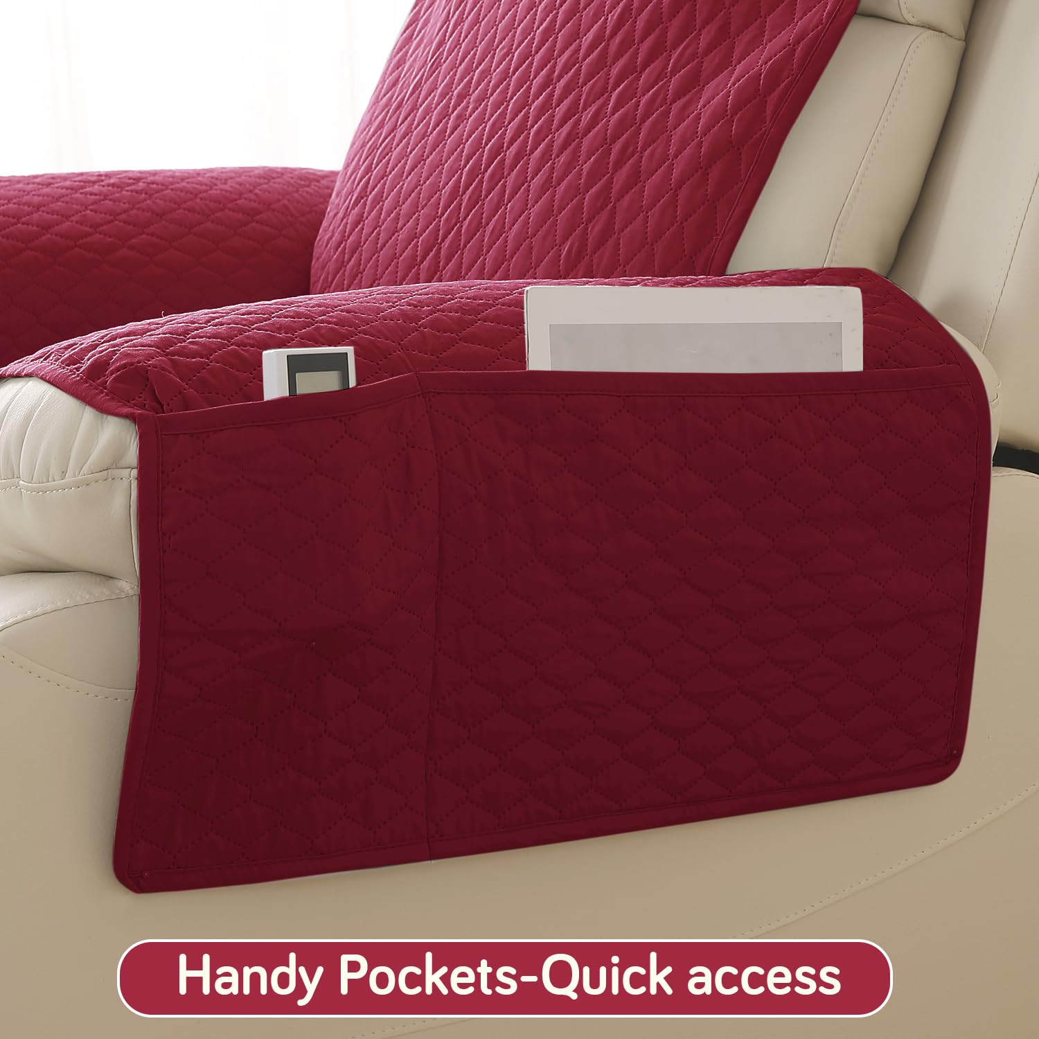 HOKIPO Polyester Quilted Recliner Chair Cover for 1 Seater with Side Pockets, Maroon (NEW-727-MRN) 3