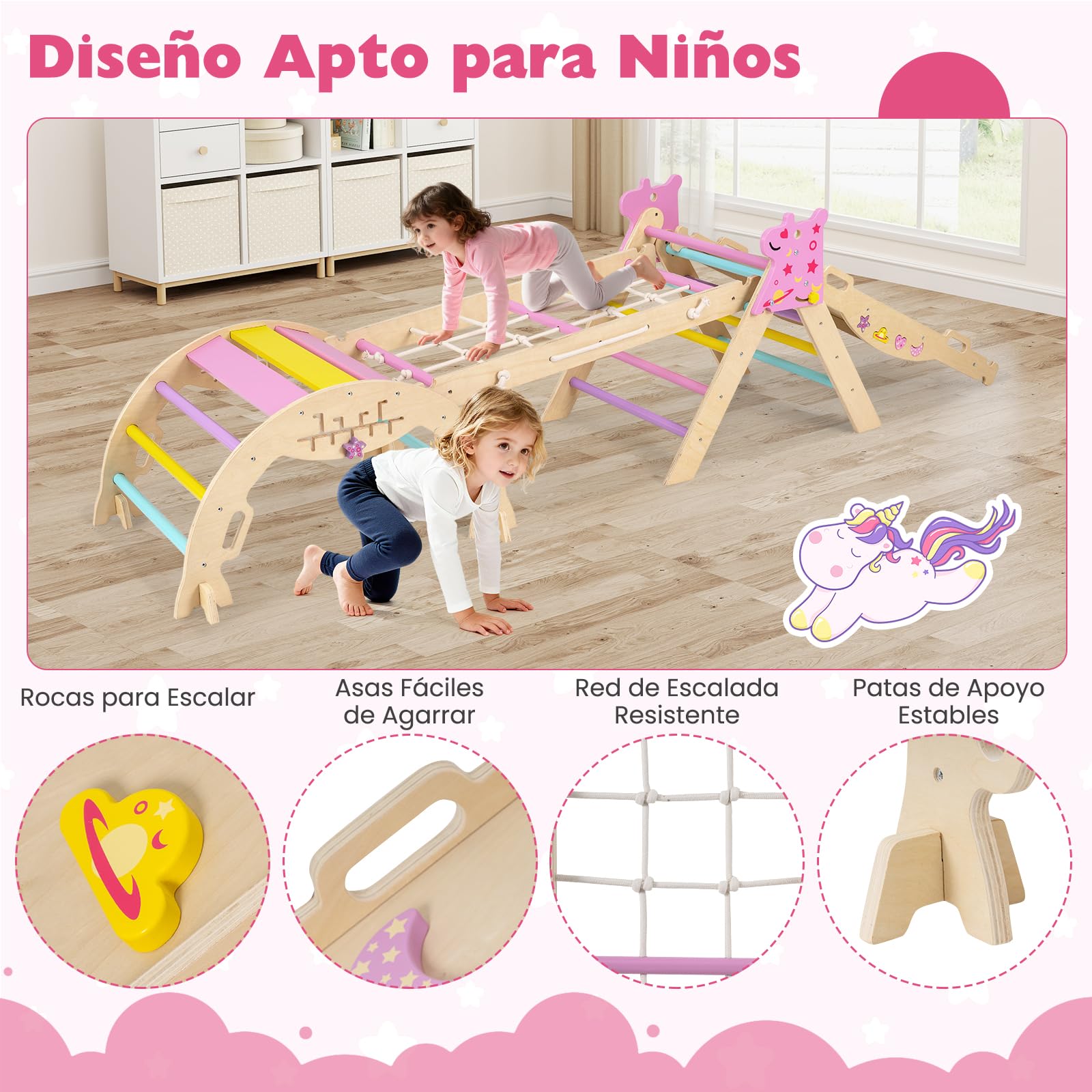 GOPLUS Triángulo de Escalada 9 en 1, Montessori Escalador Infantil Plegable con Tobogán, Estructura de Escalada con Arco, Rampa, Slide Aprendizaje para Niños de 1+ Año, Carga 50KG (Macaron,Unicornio)