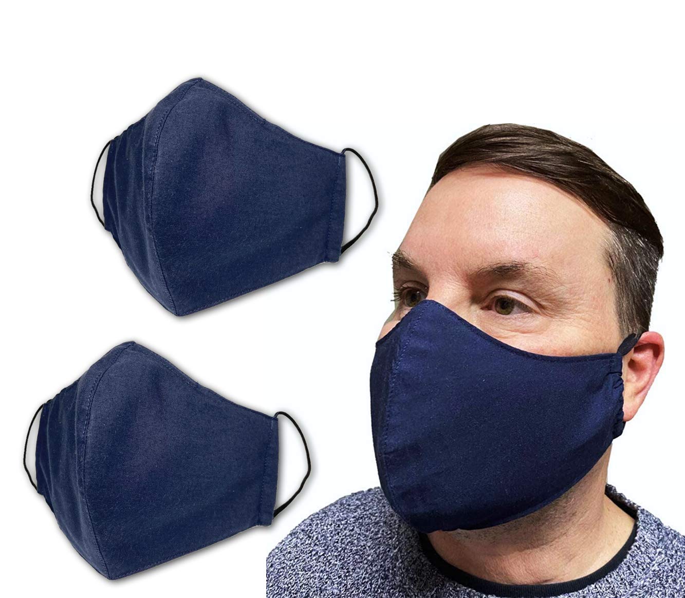 2 PCS USA Cloth Face Mask, 100% Cotton Adult Face Mask, Double Layers, Filter Pocket and Nose Wire Bridge for a higher level of protection, Reusable & Machine Washable - Made in USA - Navy