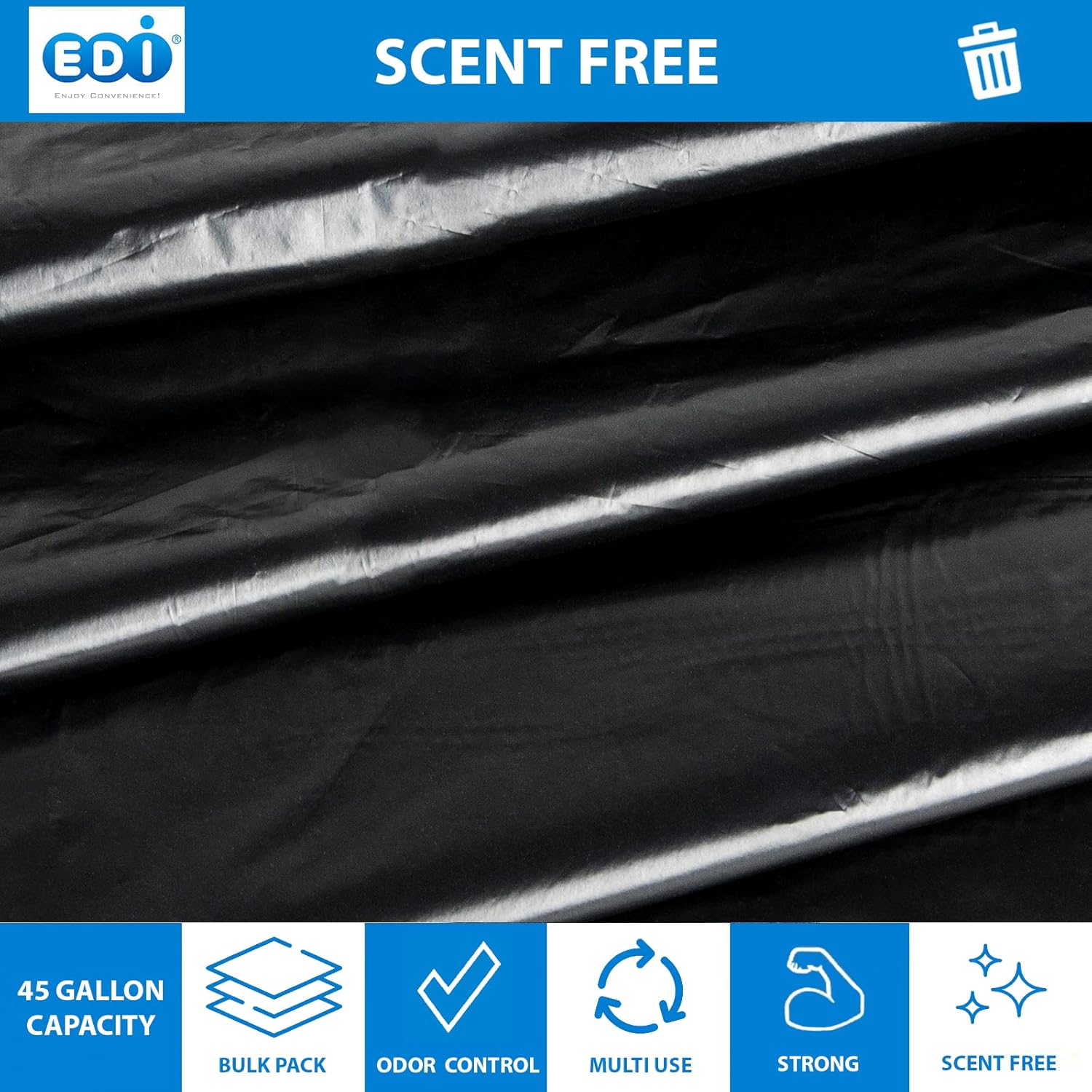 EDI Black Trash Can Liners, Large Heavy Duty Trash Bags, 45-Gallon Capacity, 48" x 40", 16-Micron (200 Count)