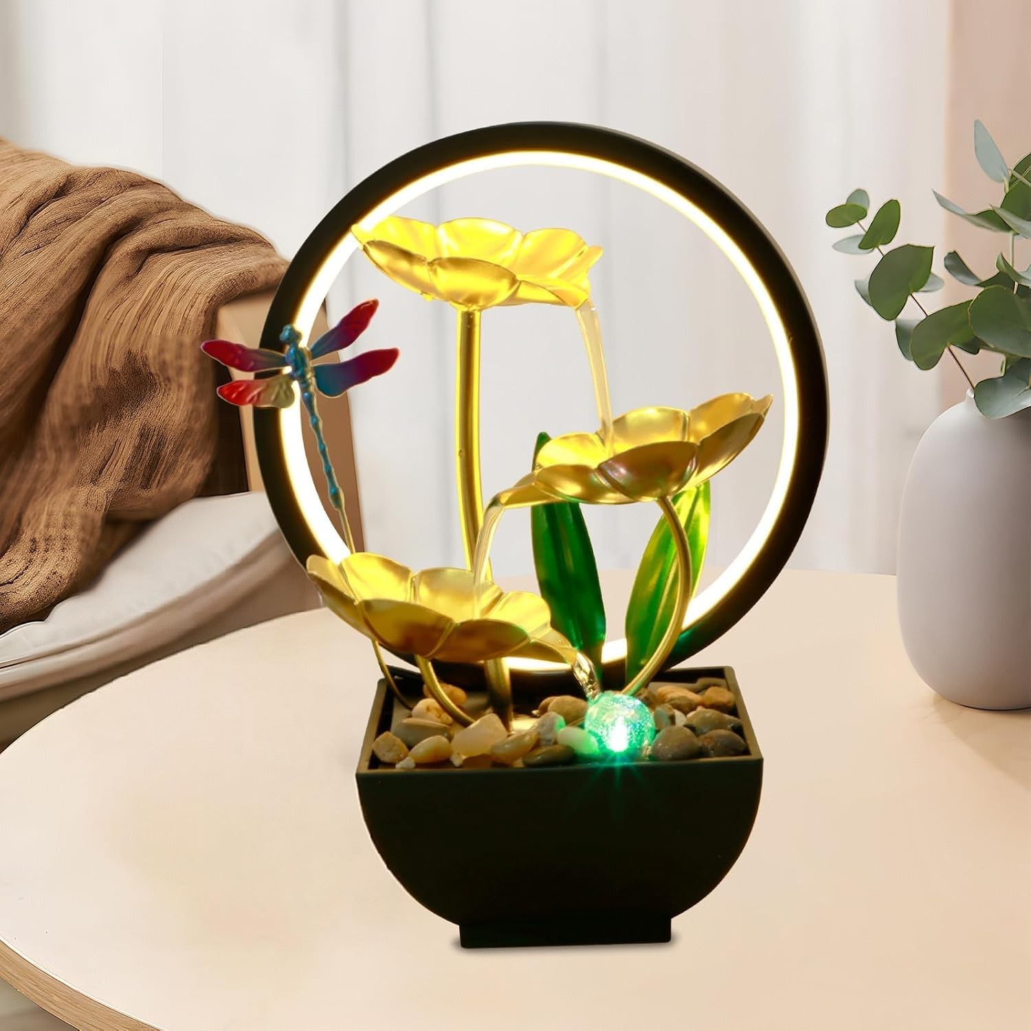 Tabletop Water Fountain,Tabletop Water with Fountain LED Ring Lights Indoor Waterfall Fountain,Indoor Tabletop Humidifier for Home Office Bedroom