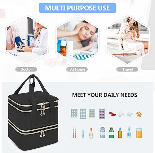 Vista 5 de Yarwo Bolsa organizadora de botellas de píldoras, bolsa de almacenamiento de 3 capas vacía con diseño desmontable y divisores para pastillas, Negro