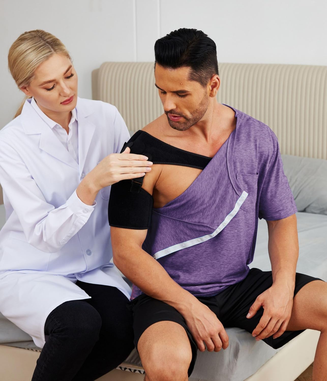 Deyeek Men's Post Shoulder Surgery Shirts Recovery Tear Away Short Sleeve Full Open Side Snap Adaptive Chemo Clothing - Image 2