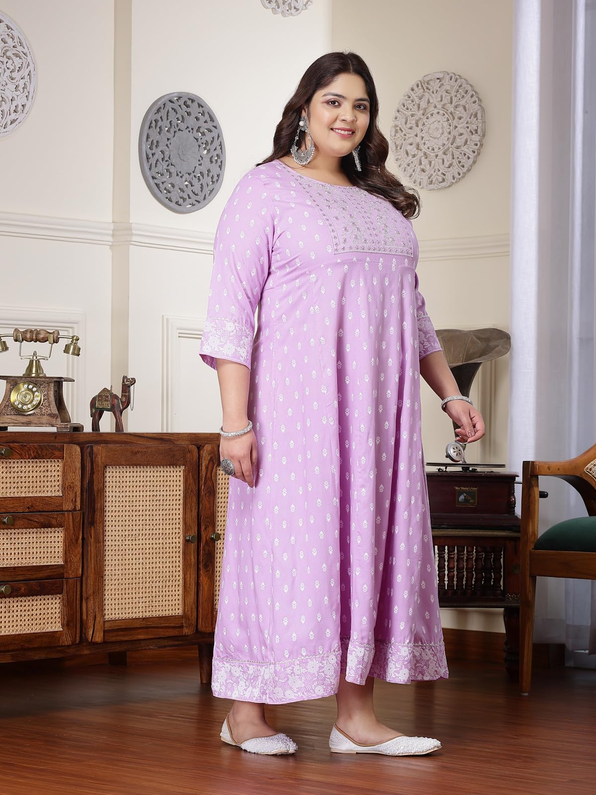Stylum Plus Size Women Printed & Embroidered Rayon Anarkali Kurta (Lavenderdionplus46_Lavender, 3Xl)