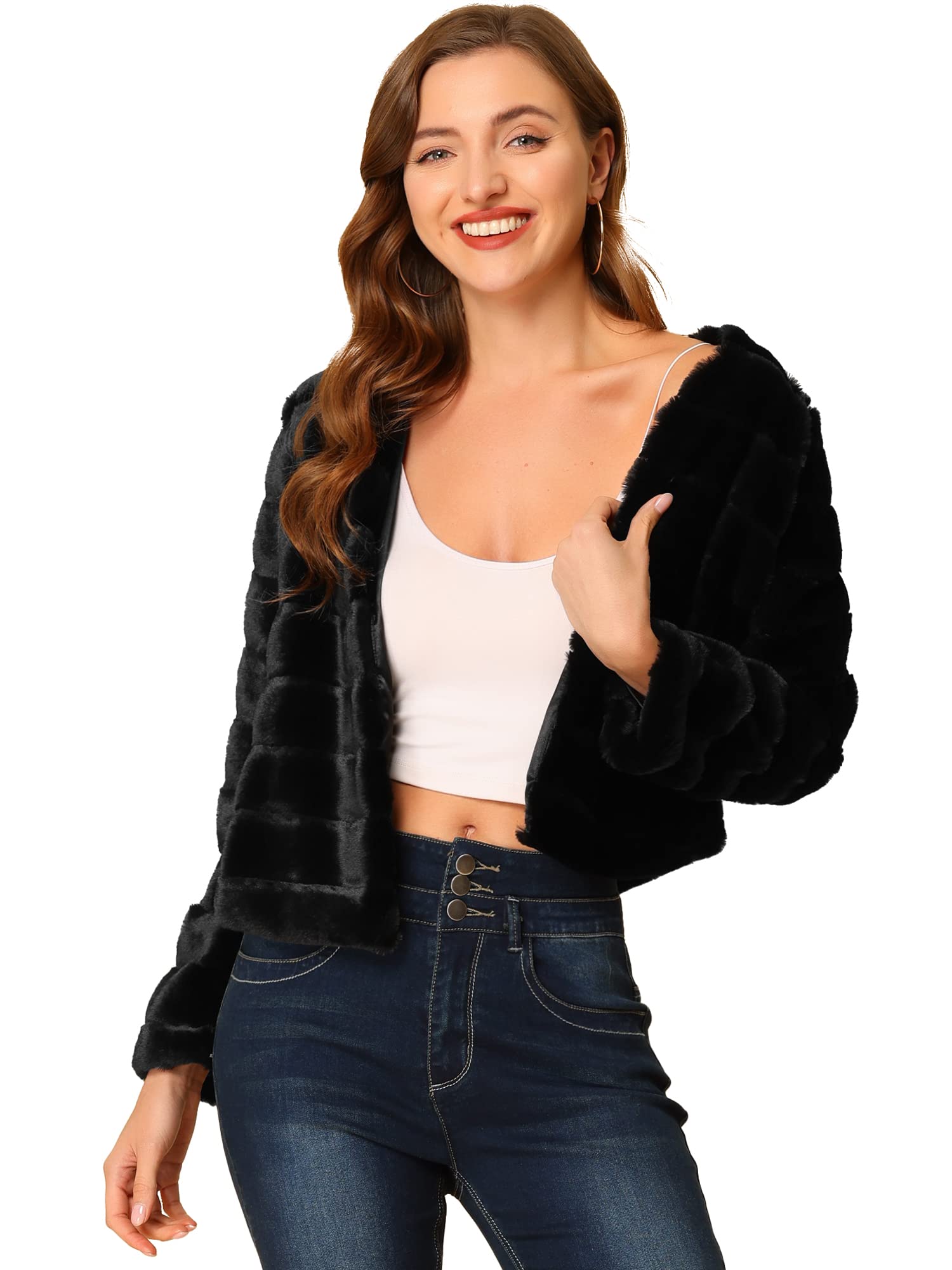 Allegra K Women's Faux Fur Coat Long Sleeve Cropped Fluffy Jacket Collarless Casual Winter Warm Outwear