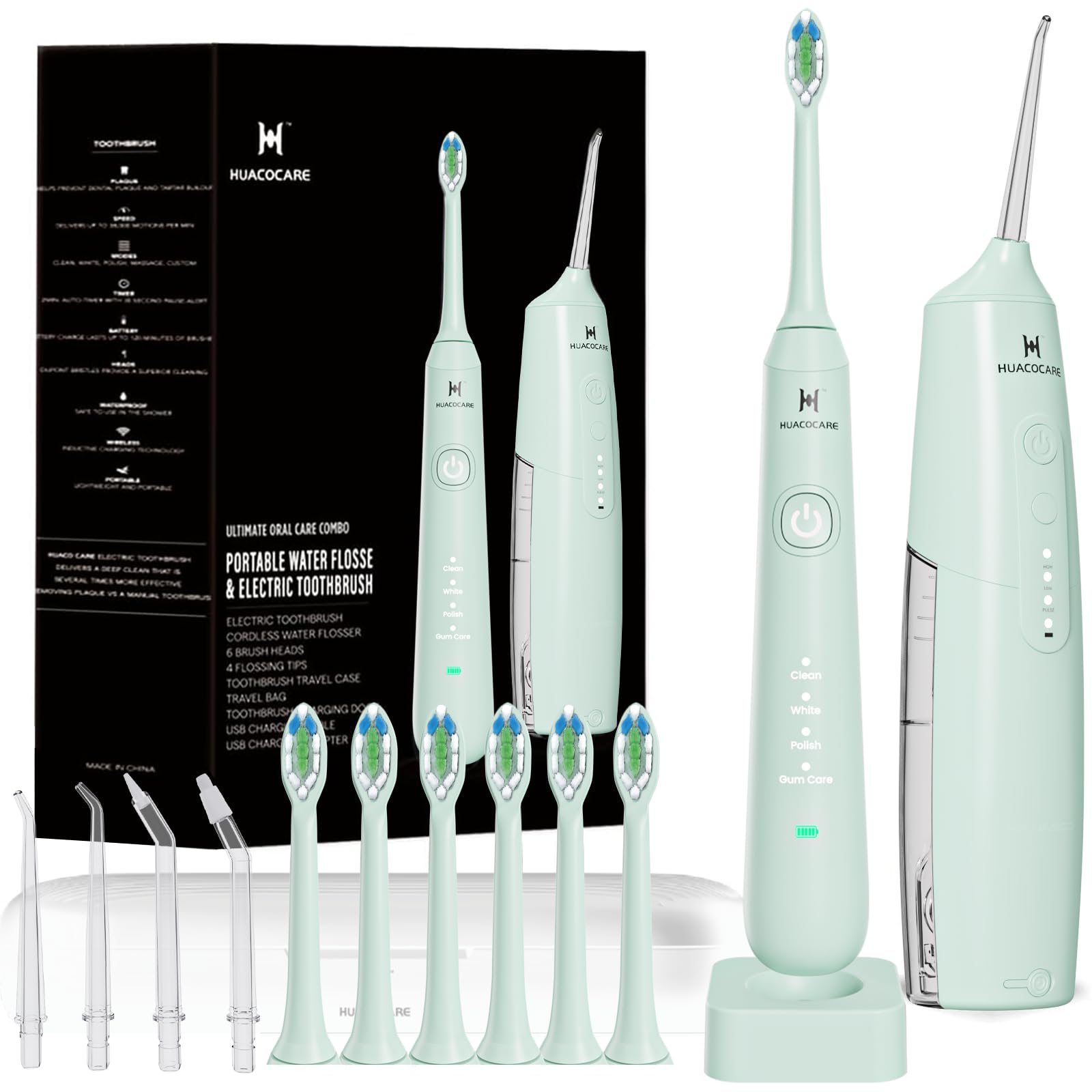 2-1 Oral Clean Kit- Water Dental flosser &amp; Electric Toothbrush Combo- Brushing &amp; Flossing- for Teeth Cleaning and Gum Health (Light Green)