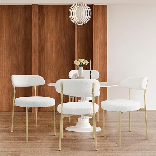 Miniatura 2 de White Boucle - Juego de 4 sillas de comedor, modernas sillas de comedor tapizadas ovaladas con respaldo curvado y patas de metal para comedor,