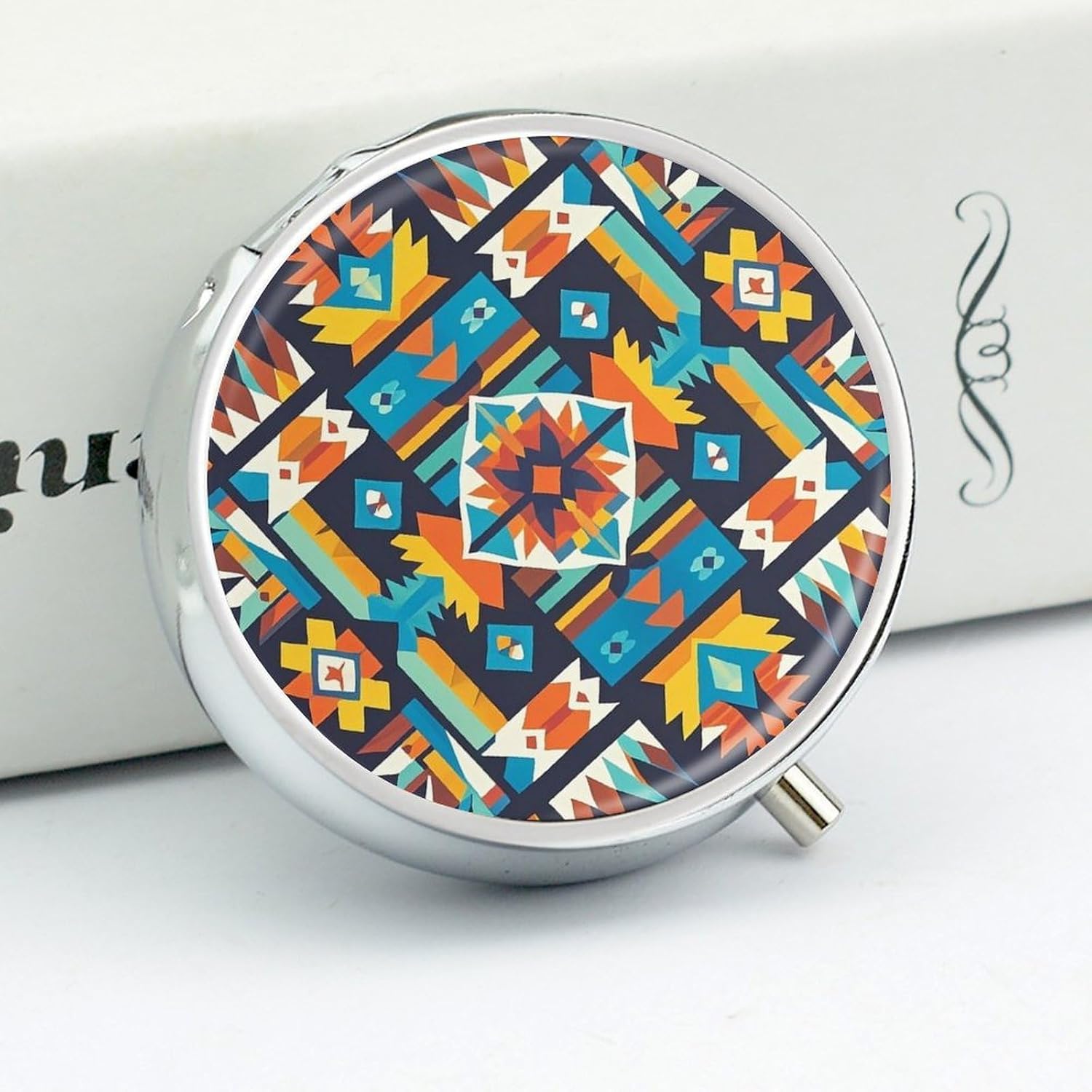 Navajo Tribal Pattern Round Pill Box, Waterproof Medicine Organizer Box image 4