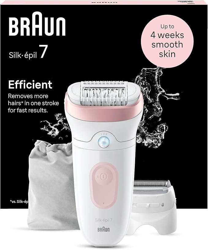Braun Silk-épil 7 Depilatore Donna, Epilatore Elettrico Donna Con Testina Ampia Per Una Epilazione Semplice, Wet & Dry, Con Testina Per Rasoio Donna, 7-030, Bianco/Rosa