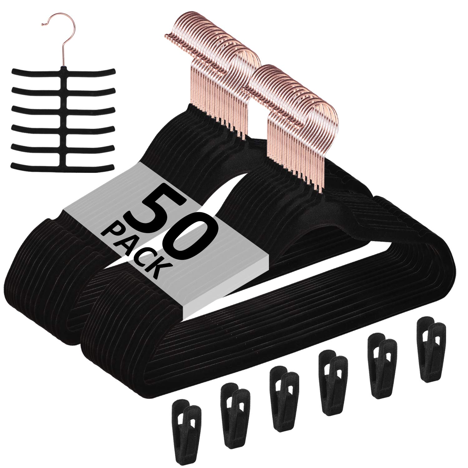 VECELOPremium Velvet Suit Hangers Heavy Duty (50 Pack) - Non Slip & Space-Saving Clothes Hangers with 6 Finger Clips and Tie Rack Excellent for Men and Women (Black)