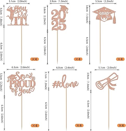 Miniatura 9 de Paquete de 24 adornos dorados para cupcakes de graduación 2025 con purpurina So Proud of You Done Diploma Graduation Cap Cupcake Picks Class of 2025