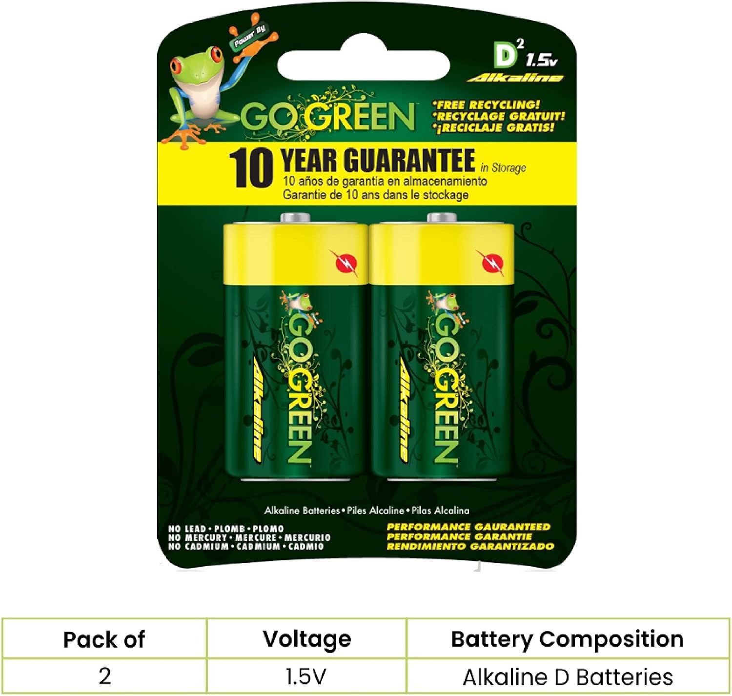 GoGreen Power (24004) Eco Friendly Alkaline D Batteries - No Lead, Cadmium or Mercury - Pack of 2
