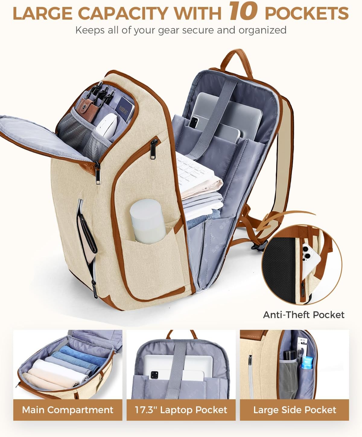 17 Inch Laptop Backpack for Men, Business Travel Anti-Theft Backpack with USB Charging Port, Water Resistant Computer Bag Carry On Flight Approved for Work College Weekender, Beige - Image 2