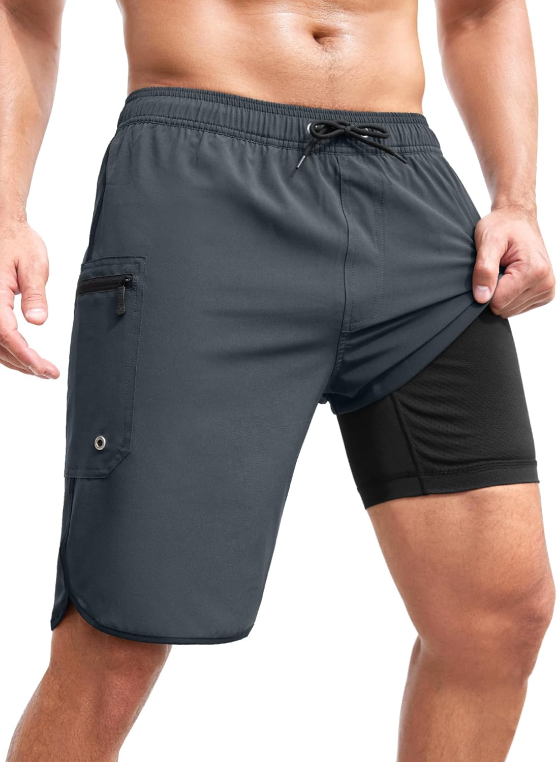 SILKWORLD Mens Swim Trunks with Compression Liner 9 Inch Long Bathing Suit 2 in 1 Beach Quick Dry Shorts with Pockets