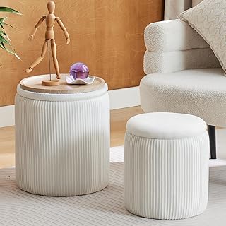 Round Ottoman with Storage Set of 2-Upholstered Velvet Vanity Stool for ...