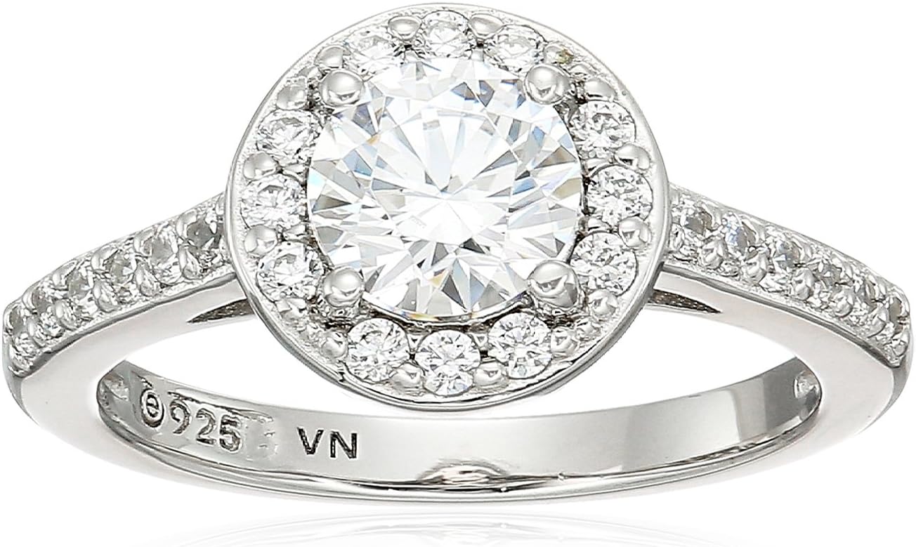Amazon EssentialsPlatinum or Gold Plated Sterling Silver Round Halo Ring Made with Infinite Elements Zirconia, (previously Amazon Collection)
