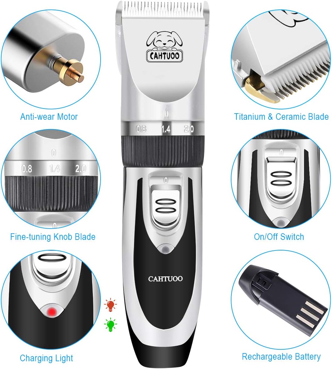 CAHTUOO Dog Clippers,Professional Dog Grooming Clippers Kit Rechargeable Quiet Pet Shaver Cordless Dog Cat Hair Trimmer with Scissor,Guards,Combs for Dogs Cats Other Animals- Silver (Upgrade Version)