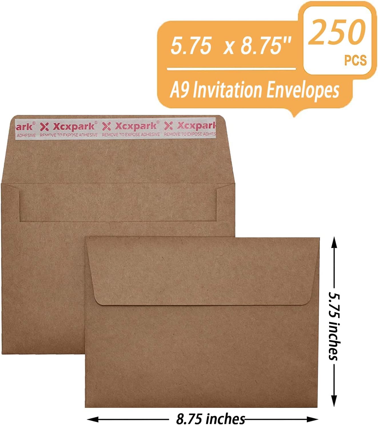Xxcxpark 250 Qty Printable A9 Invitation Envelopes 5.75 x 8.75 Cards, Self Seal 120GSM Brown Paper Envelopes for Invitations, Papers, Photos, Documents, Wedding, Baby Shower, Easy to Seal and Peel