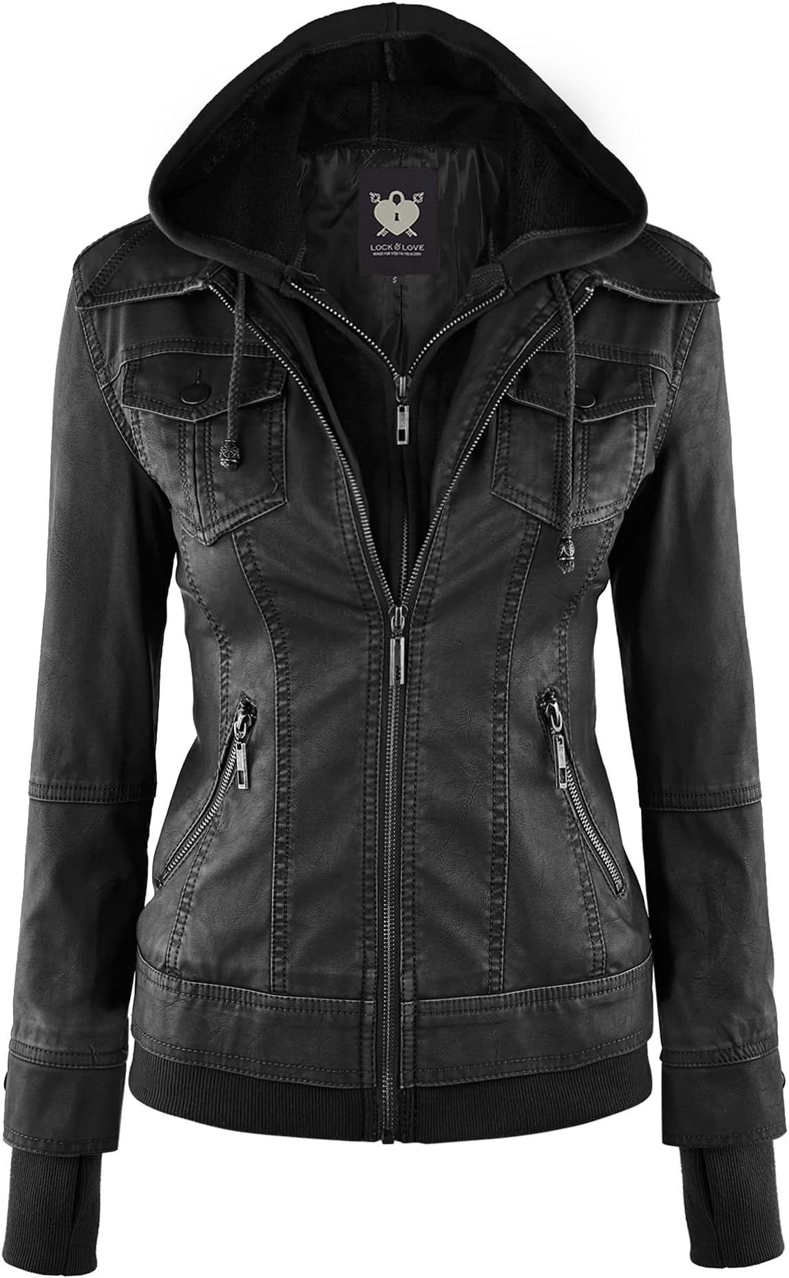 Women's Faux Leather Moto Biker Jacket Coat with Removable or Non-Removable Hood