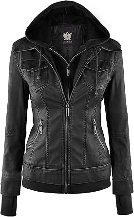 Lock and Love Women's Faux Leather Moto Biker Jacket with Removable Hood