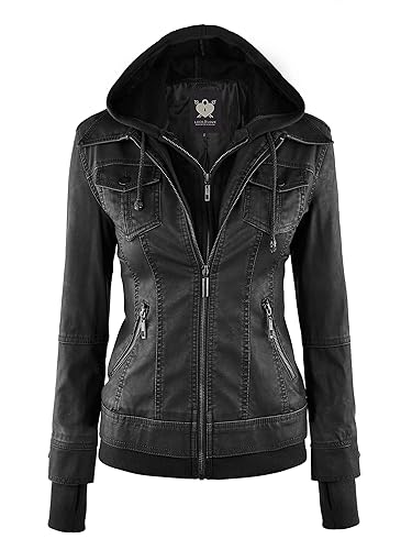 Lock and Love Women's Faux Leather Moto Biker Jacket Coat with Removable or Non-Removable Hood - Small - Wjc664_black/Charcoal