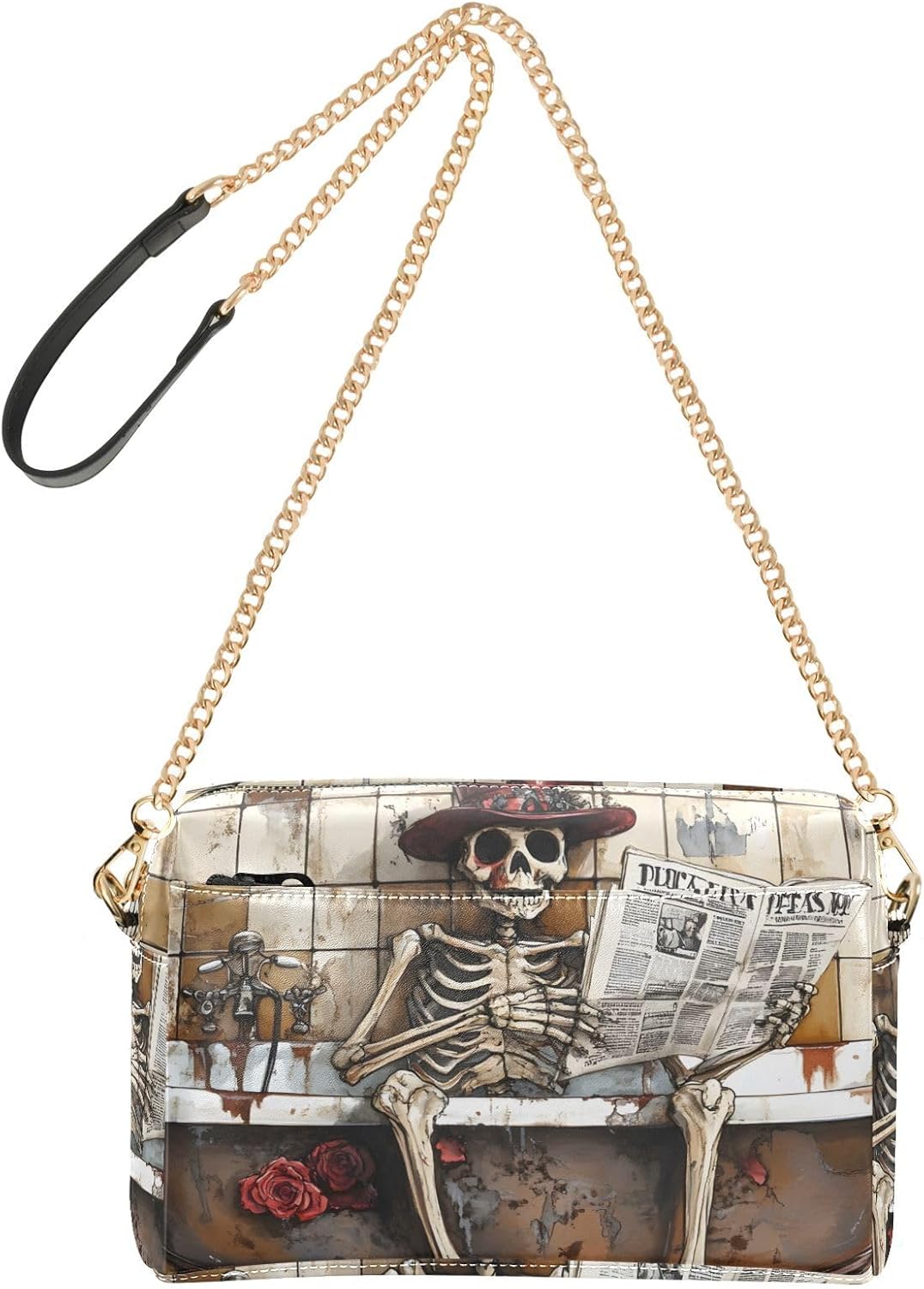 Women Crossbody Bag Shoulder Handbag Cellphone Purse PU Leather Metal Chain Strap Water Resistant Zipper Closure Bathing Skeleton Print