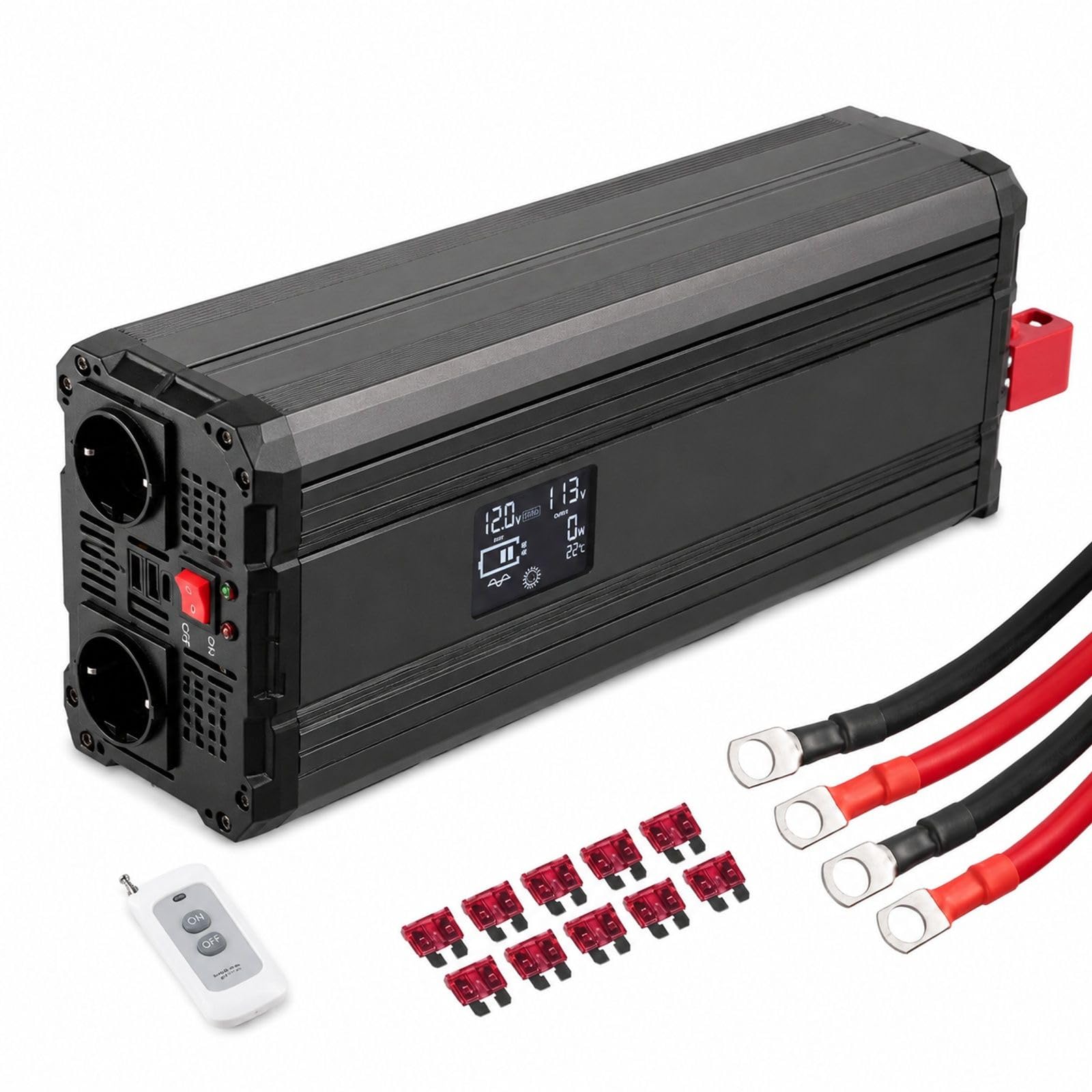 Przetwornica z czystą falą sinusoidalną 3000 W, 12 V DC na 230 V AC, obudowa ze stopu aluminium, wyświetlacz LCD, 2 gniazda do dużych urządzeń AGD