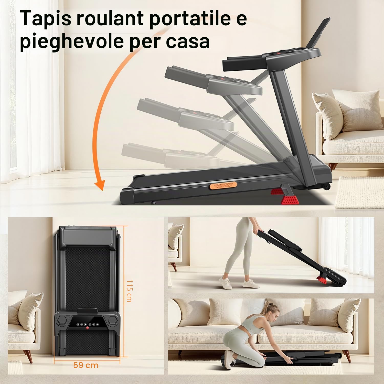 CURSOR Tapis Roulant Salvaspazio con Inclinazione 15%, Tapis Roulant Elettrico 12KM/H, Tapirulan Pieghevole da Casa con Motore da 3.0 HP e Display LED, Carico Massimo 136KG