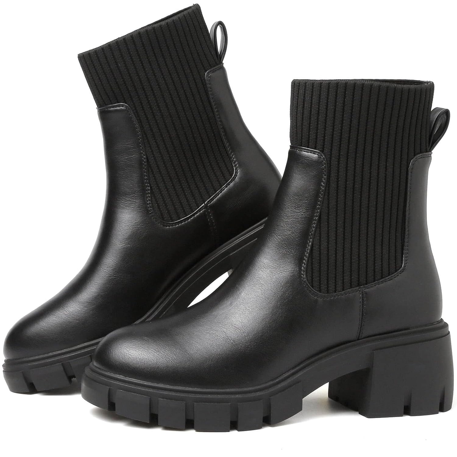ziitop Women Platform Chelsea Boots Fashion Elastic Ankle Booties Lug Sole Chunky Block Heel Leather Fall Boots Ladies