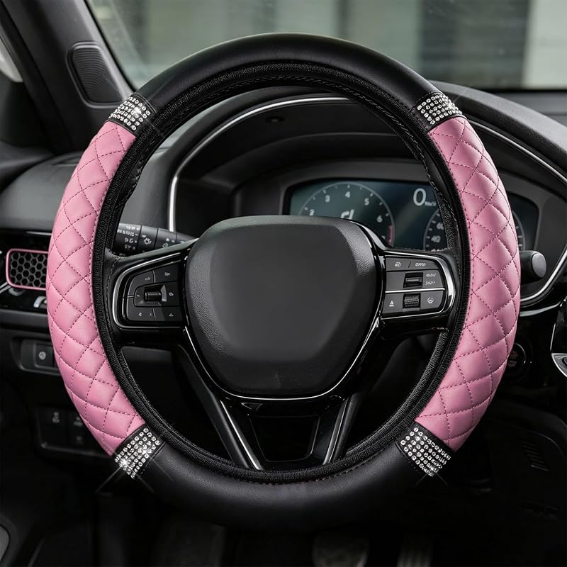 Capa para volante em couro sintético PU com cristais decorativos Pink-t3 HABNVUON