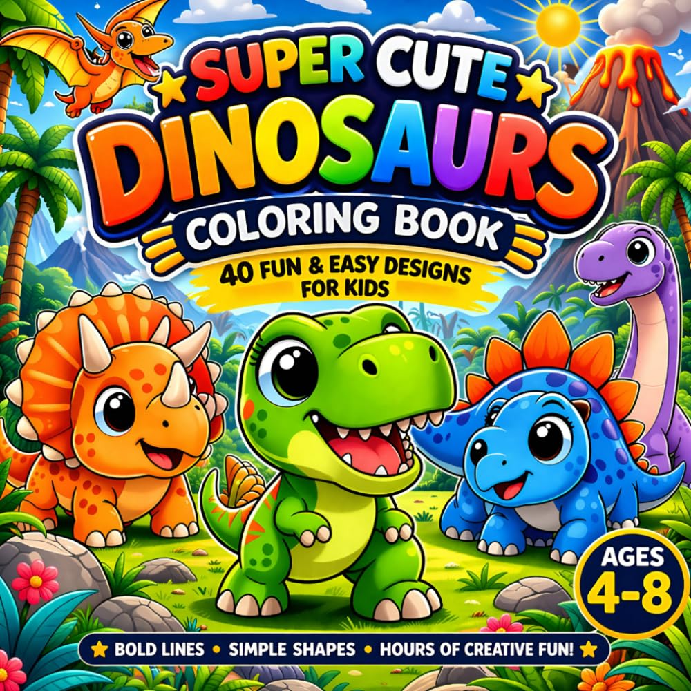 Super Cute Dinosaurs Coloring Book for Kids Ages 4–8: Fun and Easy Coloring Pages with Simple and Bold Designs (Super Cute Animals Series)