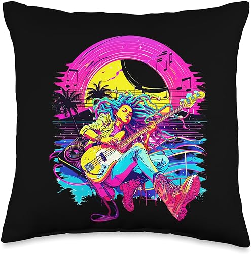 Retro 80's 90's streetwear synthwave Guitar lady Guitarist Throw Pillow