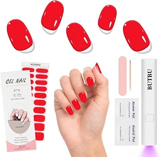 Semi-Cured Gel Nail Strips, 20 Pcs Gel Nail Stickers with Mini UV Lamp, Self Adhesive Waterproof Nail Wraps, Gel Nail Polish Strips with Nail File for DIY Nail Art (Red)