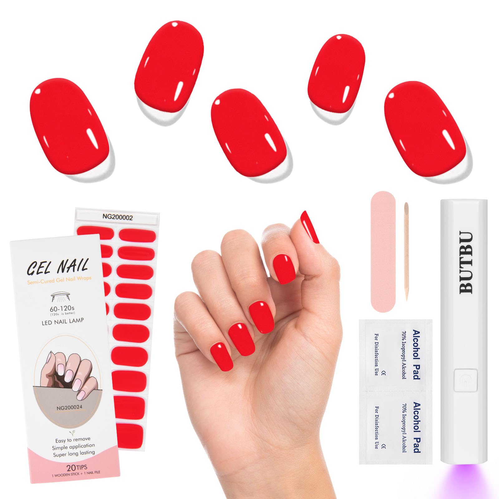 Unghie Gel Adesive UV, 20 Pezzi Smalto Adesivo per Unghie, UV Pellicola per Unghio Autoadesiva, con Lampada UV e Lima per unghie Attrezzo, per Unghie Arte DIY (Rosso)