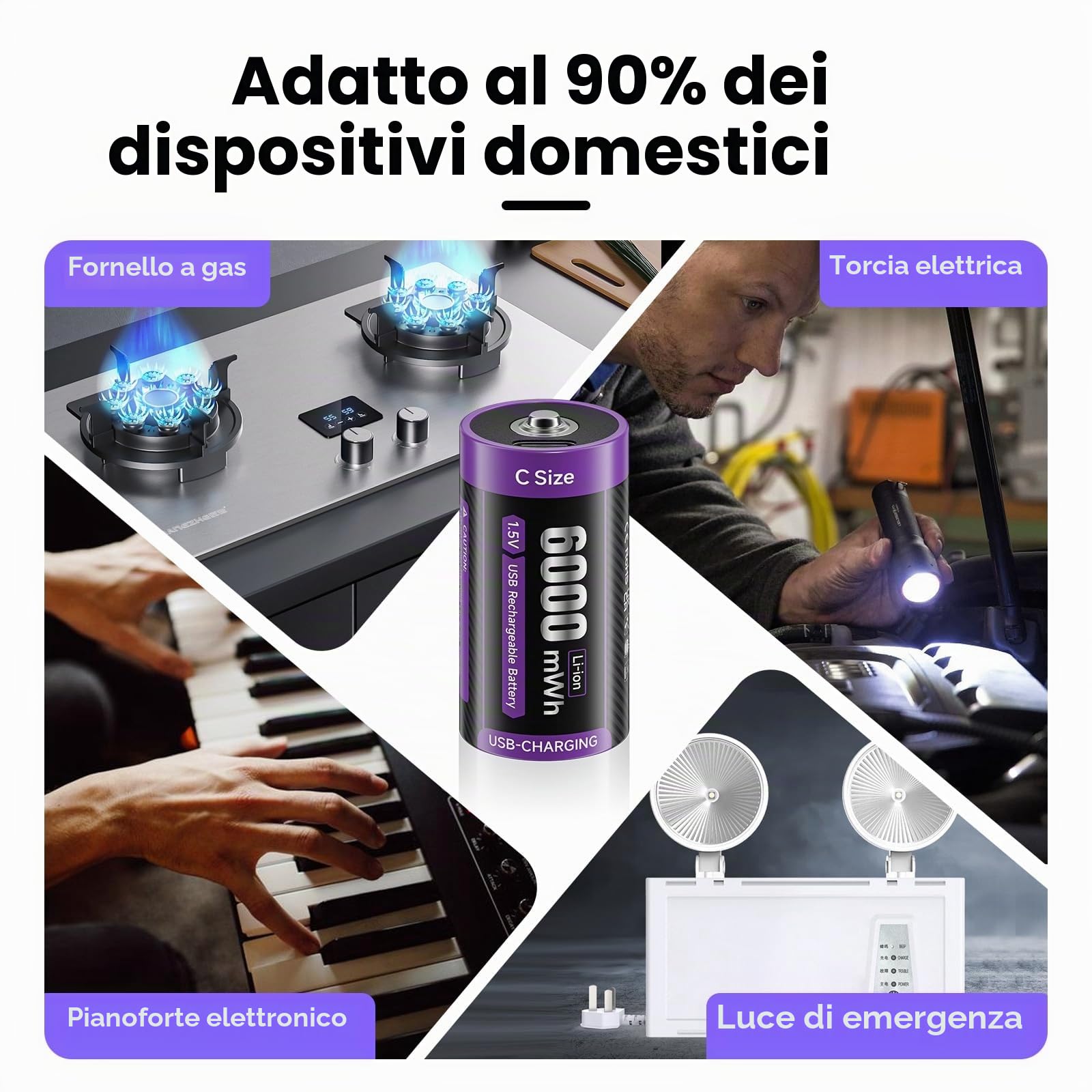 Batteria C USB-C 1,5 V Lr14 Batteria Litio 6000mWh a Ricarica Rapida Tipo C Batteria con Cavo Ricarica, Autoscarica Bassa, con Luce Ricarica, 1500+ Cicli, 6 Batterie C Ricaricabili