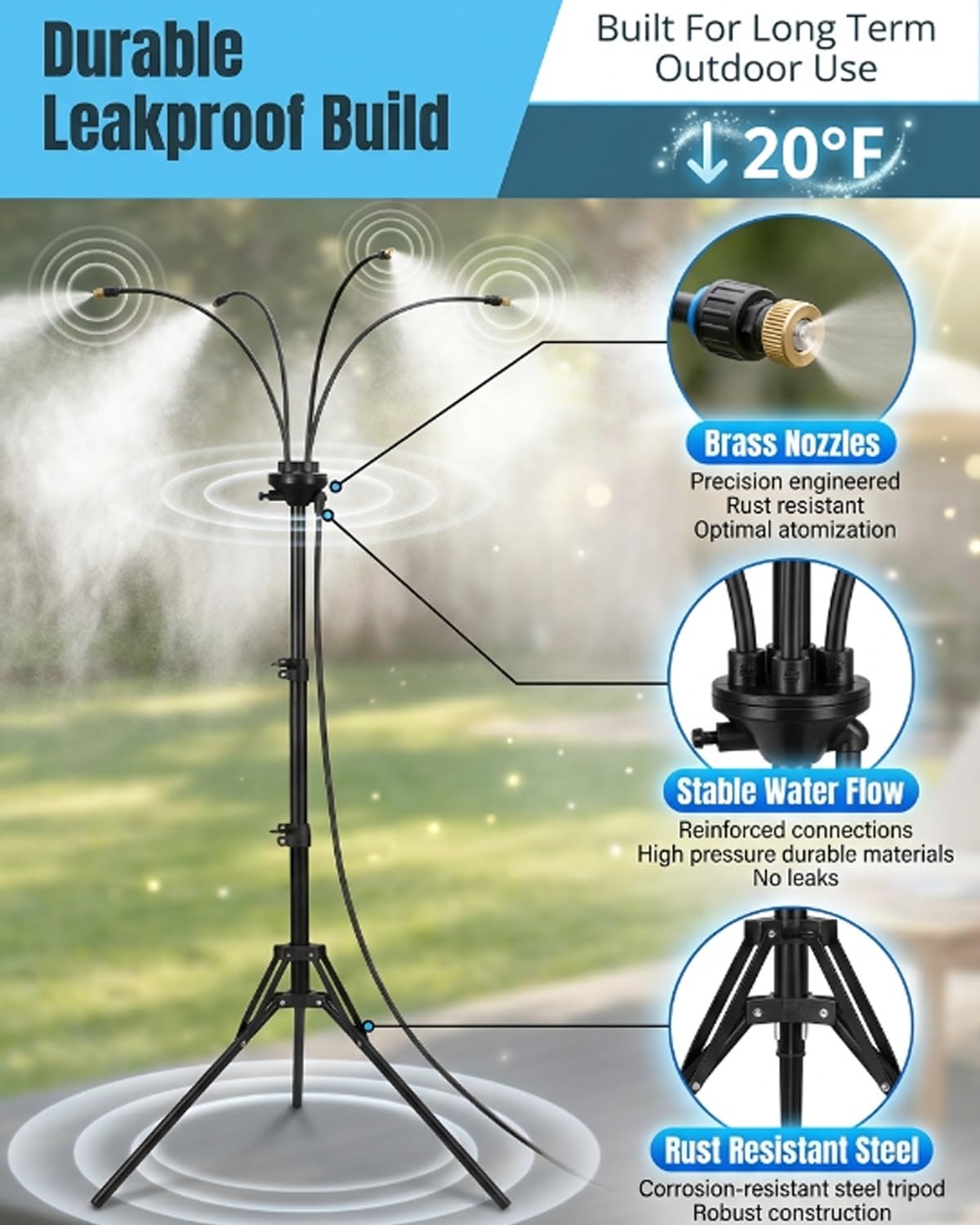 Adjustable Outdoor Misting Cooling System Standing Patio Mister Portable Hose Water Spray 360 Degree Flexible Height Leakproof Durable Backyard Pool Garden Cooling Tower Stand Kit(2sets)