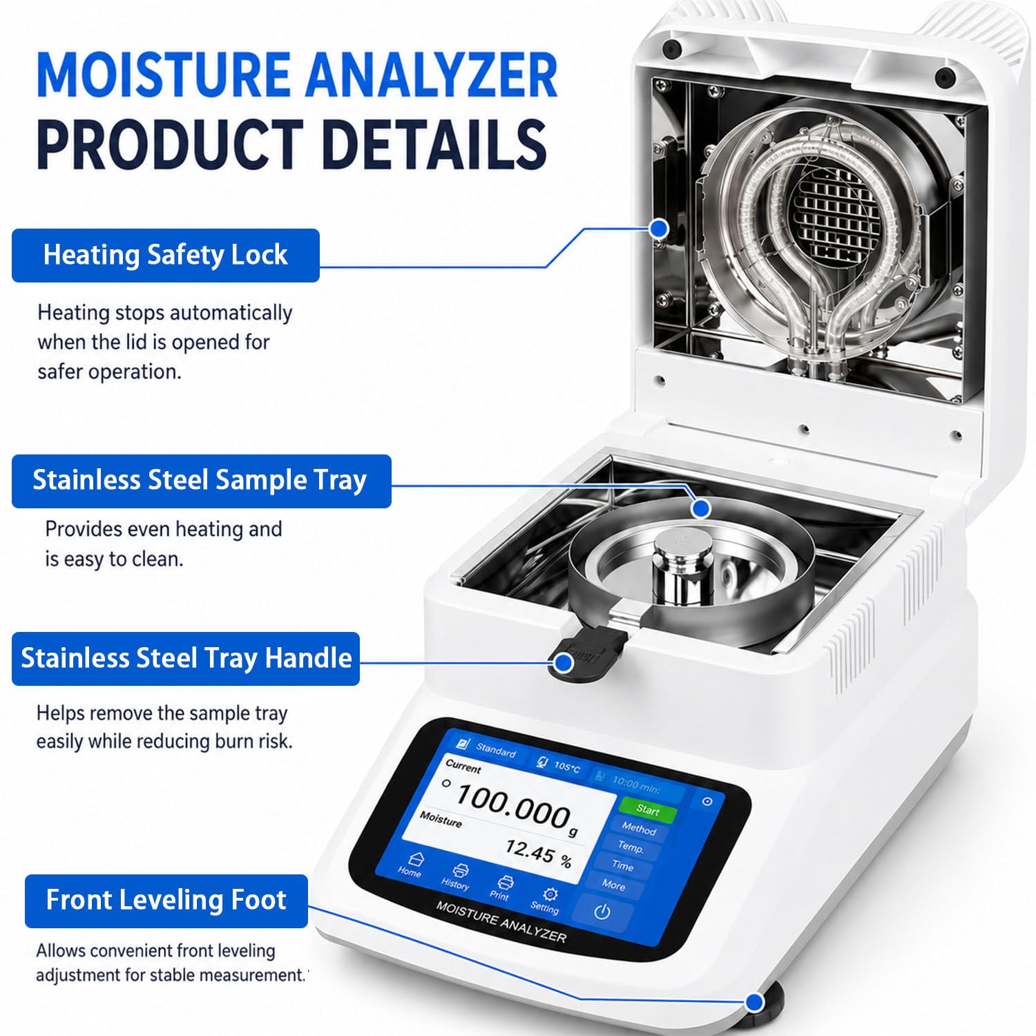 Analizador Digital, 120g, 0,01%, 40-230°C 0.005g | Calentamiento halógeno con apagado automático. Perfecto para cereales y piensos.