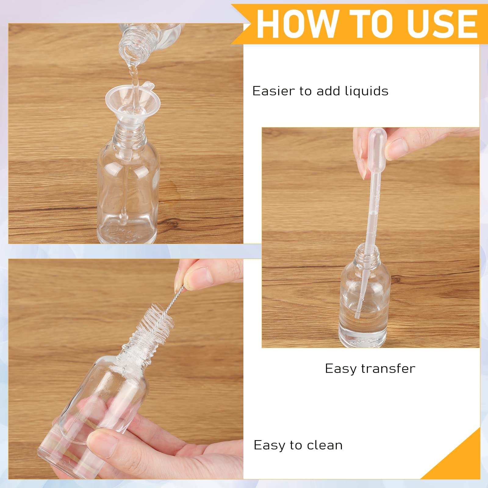 Nuogo 100 Pcs 2 Oz Glass Spray Bottles, Fine Mist Bottle Refillable Cosmetic Bottles Empty Small with 10 Droppers, 5 Funnels, Brushes for Essential Oil Cleaning Solutions (Clear)