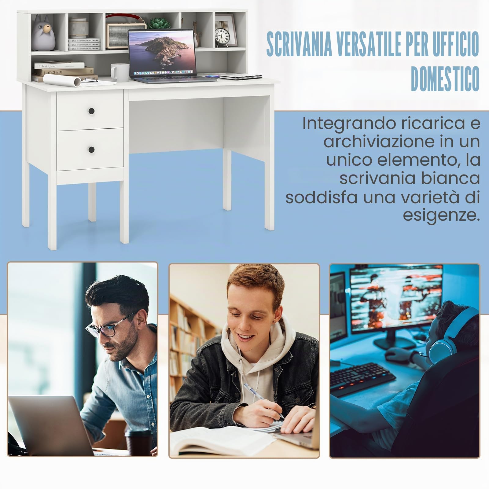 LIFEZEAL Scrivania per computer con deposito, tavolo da studio con cassetti e 5 scomparti, postazione di lavoro per ufficio, casa, 120 x 60 x 110 cm, bianco