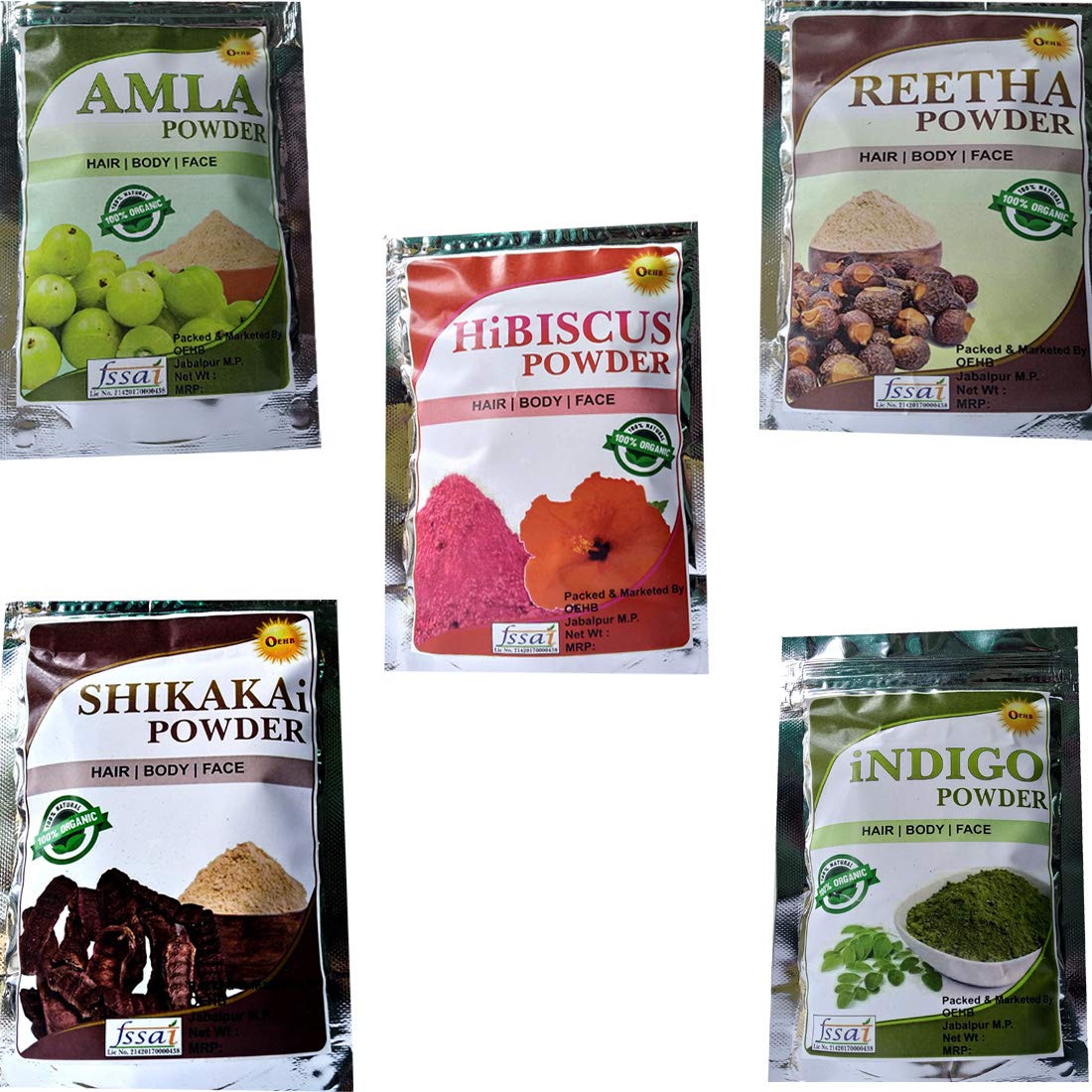 OEHB 100% Natural Organic/Hibiscus/Amla/Shikakai/Reetha/& Indigo Powder Natural Hair Treatment |EACH 50 GM Combo Pack