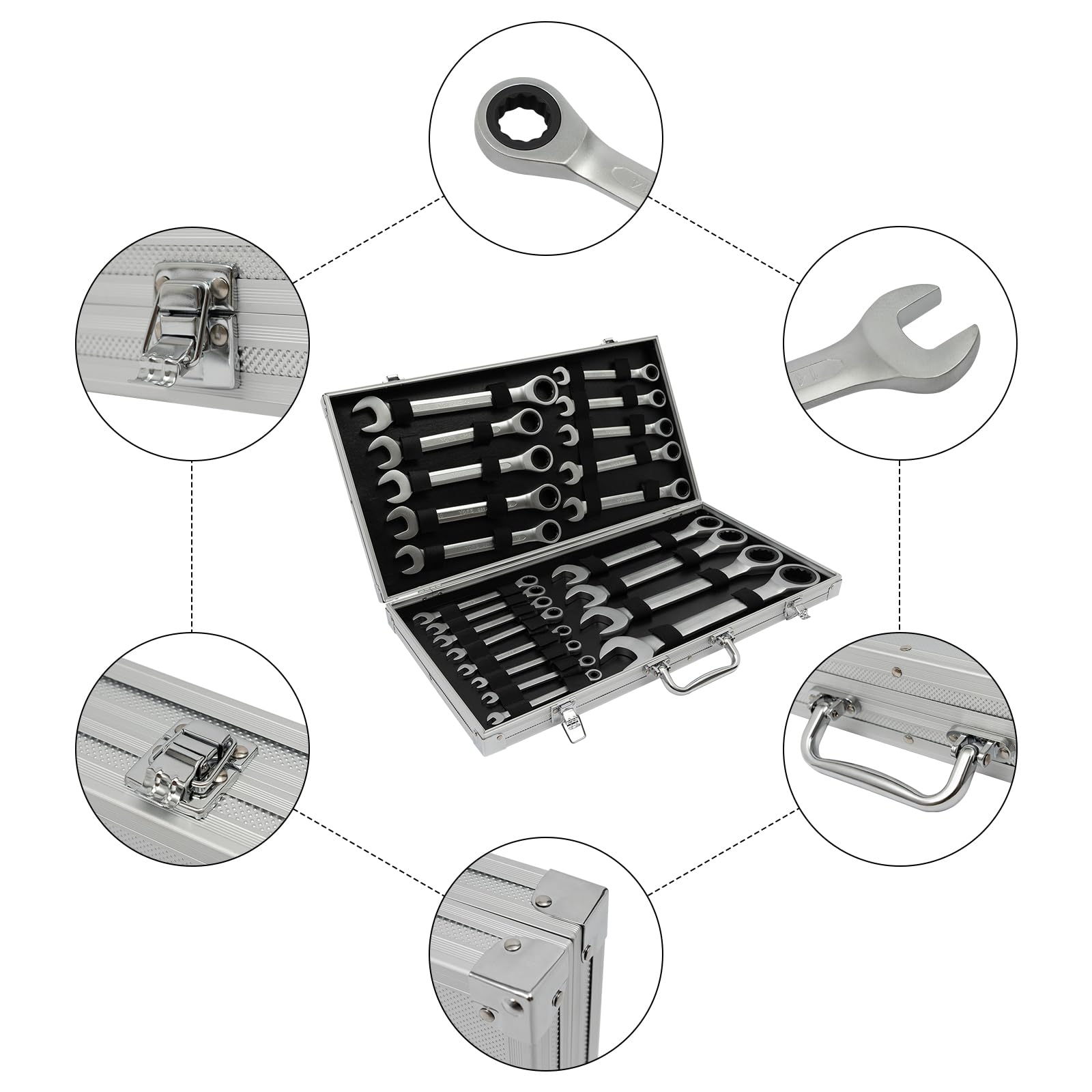 Juego de llaves de carraca de 6-32 mm, 22 piezas con caja de herramientas, juego de llaves profesionales para talleres de coche, llaves comerciales