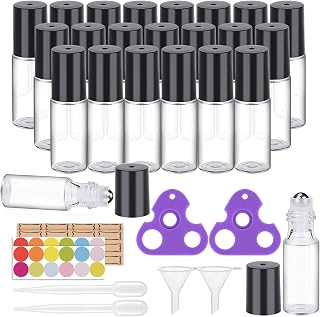 Easytle 24-Pack 5ml Clear Glass Essential Oil Roller Bottles w/ Stainless Steel Balls, 96 Labels, Openers, Funnels & Droppers